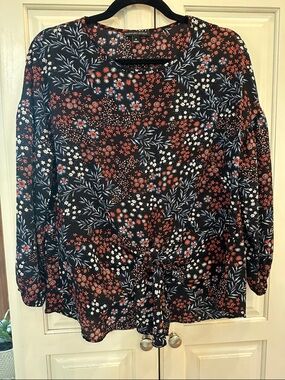 Signature Studio Black Floral Tie-Front Long Sleeve Blouse